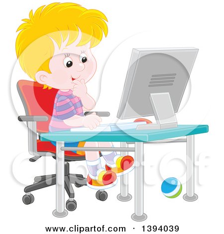 Clipart of a Cartoon Blond White Boy Using a Desktop Computer - Royalty Free Vector Illustration by Alex Bannykh