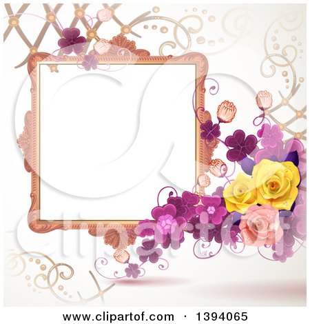 Clipart of a Blank Ornate Picture Frame with Text Space, Purple Clovers and Roses - Royalty Free Vector Illustration by merlinul