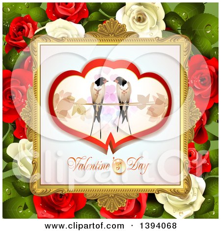 Clipart of a Pair of Love Birds in Hearts over Valentines Day Text in a Frame, on Red and White Roses and Leaves - Royalty Free Vector Illustration by merlinul