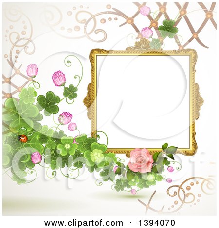 Clipart of a Blank Ornate Picture Frame with Text Space, Clovers and Roses - Royalty Free Vector Illustration by merlinul
