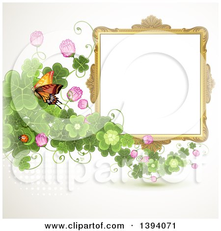 Clipart of a Blank Ornate Picture Frame with a Butterfly and Clovers - Royalty Free Vector Illustration by merlinul