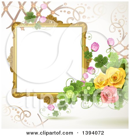 Clipart of a Blank Ornate Picture Frame with Text Space, Clovers and Roses - Royalty Free Vector Illustration by merlinul