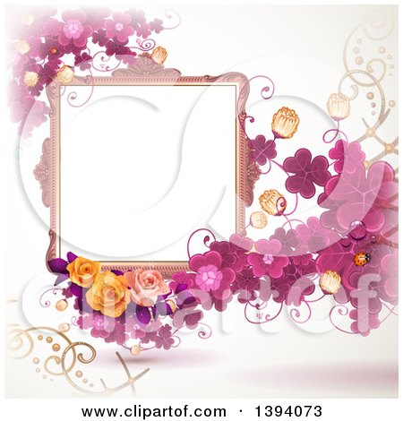Clipart of a Blank Ornate Picture Frame with Text Space, Purple Clovers and Roses - Royalty Free Vector Illustration by merlinul