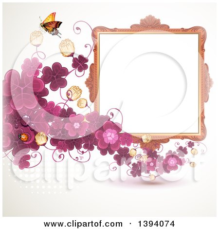 Clipart of a Blank Ornate Picture Frame with Text Space, a Butterfly and Purple Clovers - Royalty Free Vector Illustration by merlinul