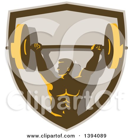 Clipart of a Retro Male Bodybuilder Holding a Heavy Barbell over His Head in a Shield - Royalty Free Vector Illustration by patrimonio