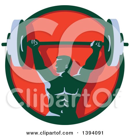 Clipart of a Retro Male Bodybuilder Holding a Heavy Barbell over His Head in a Green and Red Circle - Royalty Free Vector Illustration by patrimonio