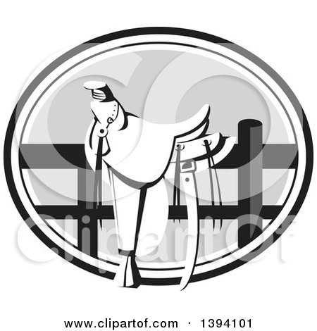 Clipart of a Retro Western Saddle on a Fence, in a Grayscale Oval - Royalty Free Vector Illustration by patrimonio