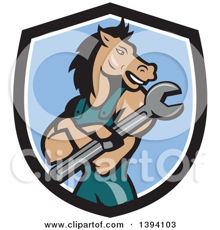 Clipart of a Cartoon Horse Man Mechanic with Folded Arms, Holding a Spanner Wrench in a Black White and Blue Shield - Royalty Free Vector Illustration by patrimonio