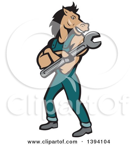 Clipart of a Cartoon Horse Man Mechanic with Folded Arms, Holding a Spanner Wrench - Royalty Free Vector Illustration by patrimonio
