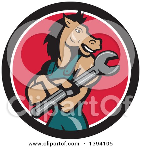 Clipart of a Cartoon Horse Man Mechanic with Folded Arms, Holding a Spanner Wrench in a Black White and Red Circle - Royalty Free Vector Illustration by patrimonio