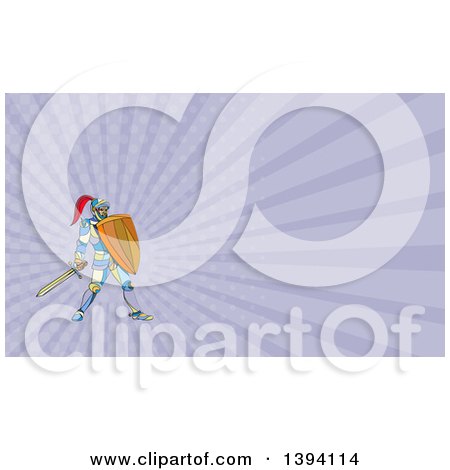 Clipart of a Colorful Mosaic Knight Holding a Sword and Shield and Purple Rays Background or Business Card Design - Royalty Free Illustration by patrimonio