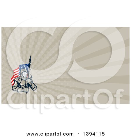 Clipart of a Knight in Metal Armour, Carrying an American Flag and Taupe Rays Background or Business Card Design - Royalty Free Illustration by patrimonio