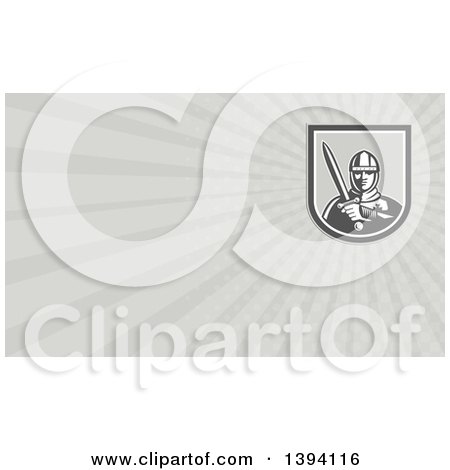 Clipart of a Retro Male Knight in Armor, Holding a Sword and Gray Rays Background or Business Card Design - Royalty Free Illustration by patrimonio