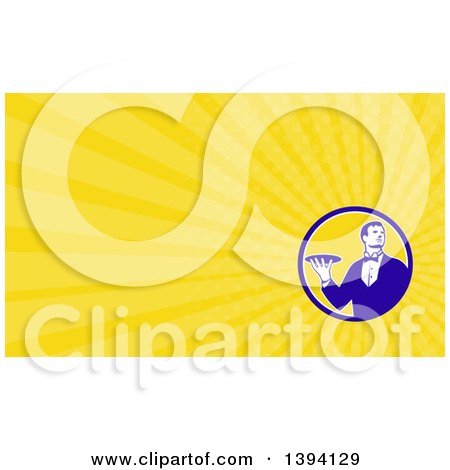 Clipart of a Retro Male Butler Holding a Plate and Yellow Rays Background or Business Card Design - Royalty Free Illustration by patrimonio