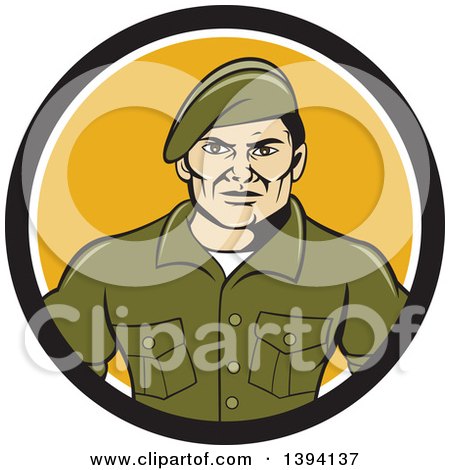 Clipart of a Cartoon Male Service Ranger in a Black White and Yellow Circle - Royalty Free Vector Illustration by patrimonio