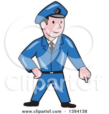 Clipart of a Cartoon Police Man Pointing down - Royalty Free Vector Illustration by patrimonio