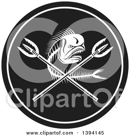 Clipart of a Dorado Dolphin Fish Skeleton and Crossed Spears in a Black and White Circle - Royalty Free Vector Illustration by patrimonio