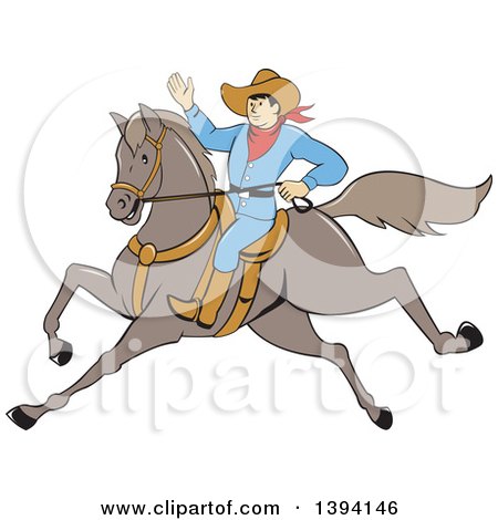 Clipart of a Cartoon Cowboy Raising an Arm and Riding a Horse - Royalty Free Vector Illustration by patrimonio