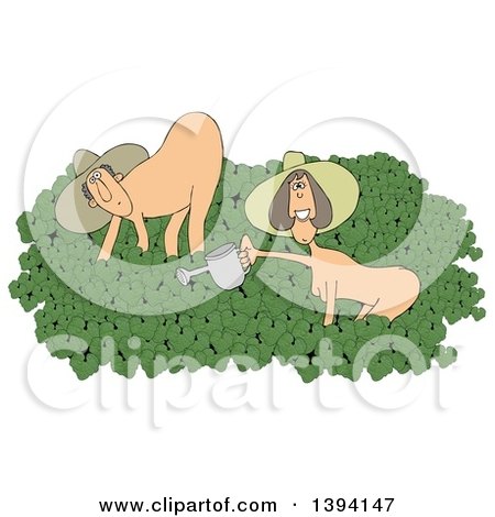 Clipart of a Cartoon Happy Caucasian Couple in the Nude on Naked Gardening Day - Royalty Free Illustration by djart