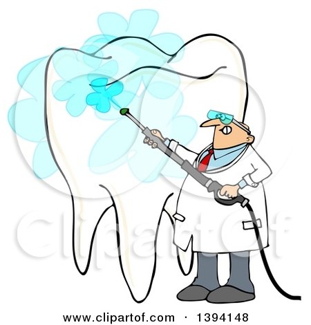 Clipart of a Cartoon Chubby Caucasian Male Dentist Power Washing a Tooth - Royalty Free Illustration by djart