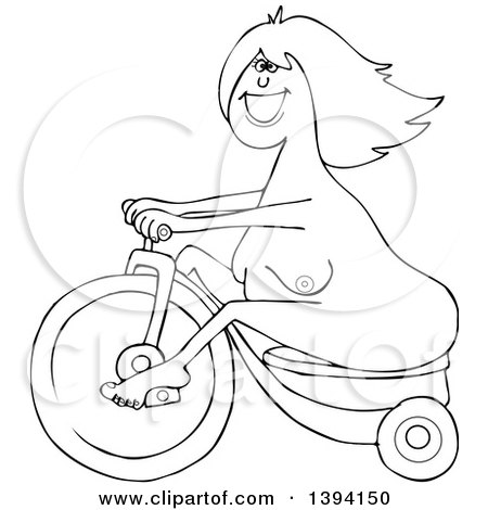 Clipart of a Cartoon Black and White Lineart Chubby Nudist Woman Riding a Trike Naked - Royalty Free Vector Illustration by djart