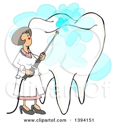 Clipart of a Cartoon Caucasian Female Dentist Power Washing a Tooth - Royalty Free Illustration by djart