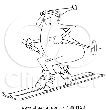 Clipart of a Cartoon Happy Black and White Nude Guy Skiing - Royalty Free Vector Illustration by djart