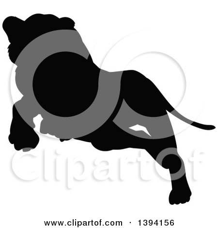 Clipart of a Black Silhouetted Lioness Leaping or Pouncing - Royalty Free Vector Illustration by AtStockIllustration