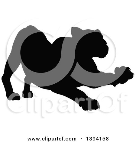 Clipart of a Black Silhouetted Lioness Stretching - Royalty Free Vector Illustration by AtStockIllustration