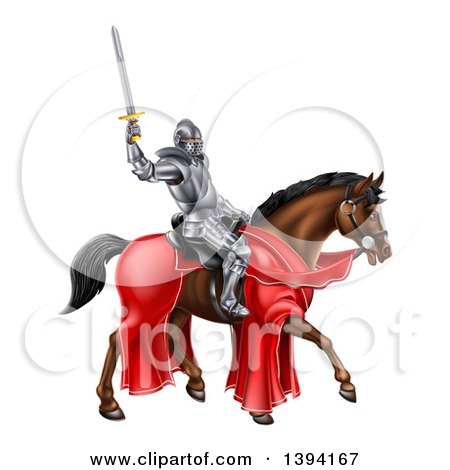 Clipart of a 3d Full Armored Medieval Knight on a Brown Horse, Holding up a Sword - Royalty Free Vector Illustration by AtStockIllustration