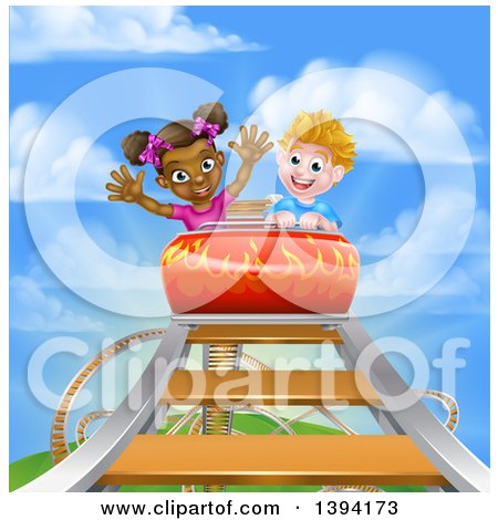 Clipart of a Happy White Boy and Black Girl at the Top of a Roller Coaster Ride, Against a Blue Sky with Clouds - Royalty Free Vector Illustration by AtStockIllustration
