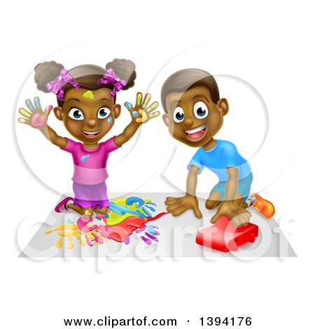 Clipart of a Cartoon Happy Black Girl Painting with Her Hands and Boy Playing with a Toy Car - Royalty Free Vector Illustration by AtStockIllustration