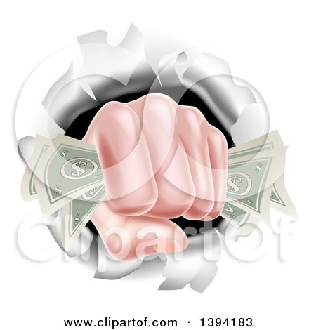 Clipart of a Caucasian Hand Fisted and Holding Cash Money, Breaking Through a Wall - Royalty Free Vector Illustration by AtStockIllustration