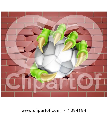 Clipart of Monster Claws Holding a Soccer Ball and Breaking Through a Brick Wall - Royalty Free Vector Illustration by AtStockIllustration