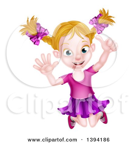 Clipart of a Happy Blond White Girl Jumping and Giving a Thumb up - Royalty Free Vector Illustration by AtStockIllustration