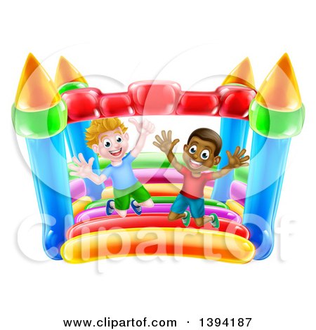 Clipart of Cartoon Happy White and Black Boys Jumping on a Bouncy House Castle - Royalty Free Vector Illustration by AtStockIllustration