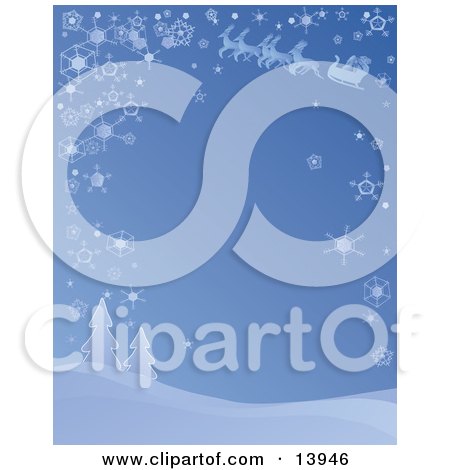 Blue Wintry Background of Santa's Reindeer Leading the Sleigh Through the Sky on a Snowy Wintry Night Above Snow Flocked Trees Clipart Illustration by Rasmussen Images