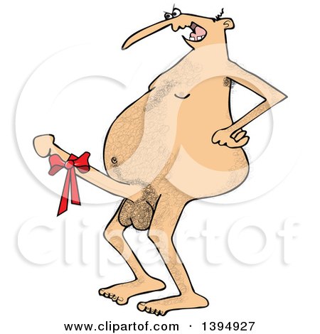 Clipart of a Cartoon Hairy Nude White Man Flaunting a Big Boner - Royalty Free Vector Illustration by djart