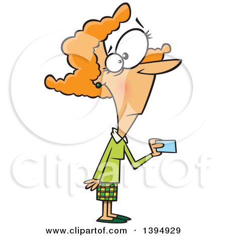 Clipart of a Cartoon Red Haired Caucasian Woman Making a Purchase with a Credit or Debit Card - Royalty Free Vector Illustration by toonaday
