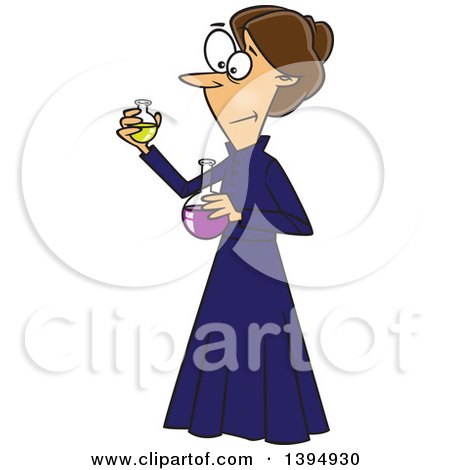 Clipart of a Cartoon Brunette Caucasian Female Chemist, Marie Curie, Holding Science Flasks - Royalty Free Vector Illustration by toonaday