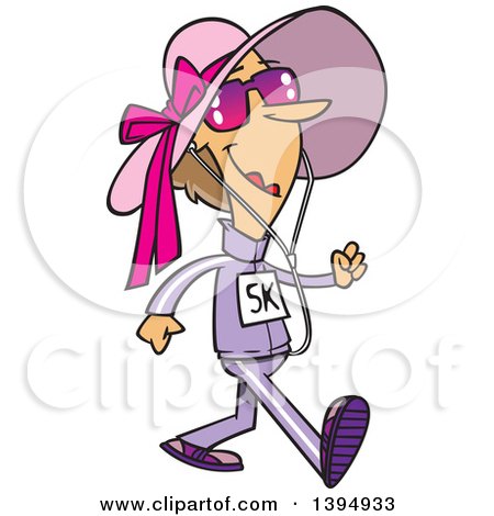 Clipart of a Cartoon Happy Caucasian Lady Wearing Sunglasses and a Hat, Walking a 5k - Royalty Free Vector Illustration by toonaday