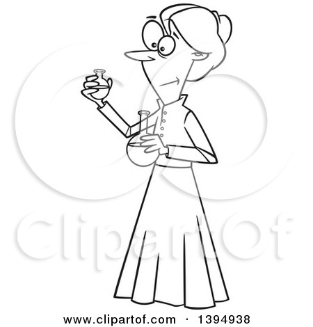 Clipart of a Cartoon Black and White Female Chemist, Marie Curie, Holding Science Flasks - Royalty Free Vector Illustration by toonaday