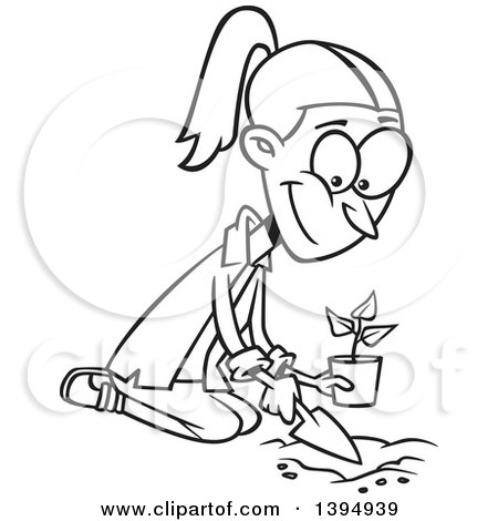 Clipart of a Cartoon Black and White Happy Woman Kneeling and Planting a Seedling - Royalty Free Vector Illustration by toonaday