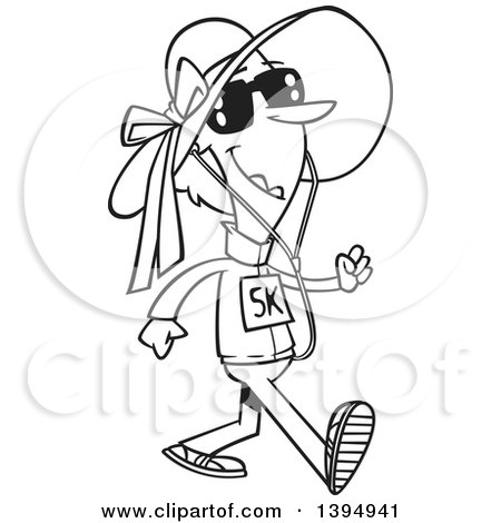 Clipart of a Cartoon Black and White Happy Lady Wearing Sunglasses and a Hat, Walking a 5k - Royalty Free Vector Illustration by toonaday