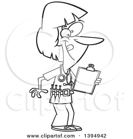 Clipart of a Cartoon Black and White Energetic Female Nurse Holding a Medical Chart on a Clipboard and Wearing a Vaccine Belt - Royalty Free Vector Illustration by toonaday