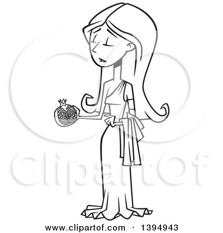 Clipart of a Cartoon Black and White Greek Goddess, Persephone, Holding a Pomegranate - Royalty Free Vector Illustration by toonaday