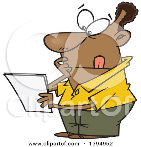 Clipart of a Cartoon Black Guy Pondering and Reading a Letter - Royalty Free Vector Illustration by toonaday
