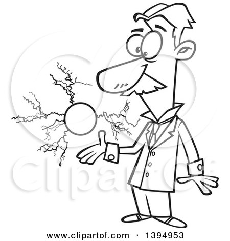 Clipart of a Cartoon Black and White Male Electrical Engineer, Nicola Tesla, with a Floating Ball of Energy - Royalty Free Vector Illustration by toonaday