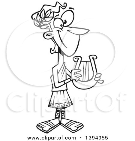 Clipart of a Cartoon Black and White Greek God, Apollo, Holding a Lyre - Royalty Free Vector Illustration by toonaday