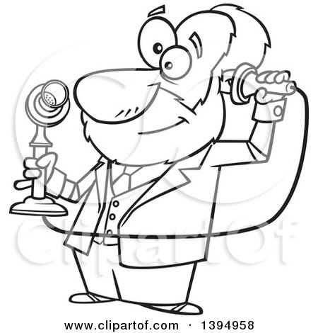 Clipart of a Cartoon Black and White Male Inventor, Alexander Graham Bell, Holding a Candlestick Telephone - Royalty Free Vector Illustration by toonaday